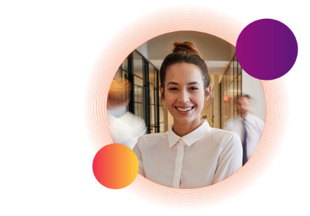 A woman wearing a white button-up shirt with her hair in a bun smiles toward the camera. This image is slightly overlapped by a small purple circle in the top-right and a small orange circle in the bottom-left.