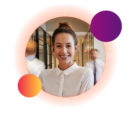 A woman wearing a white button-up shirt with her hair in a bun smiles toward the camera. This image is slightly overlapped by a small purple circle in the top-right and a small orange circle in the bottom-left.